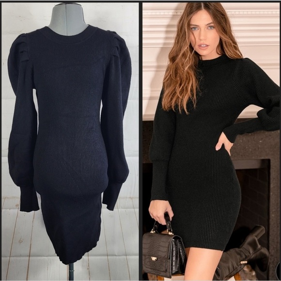 Like new! LuLus Loving You Fondly Ribbed Knit Balloon Puff Sleeve Sweater Dress - Picture 1 of 8